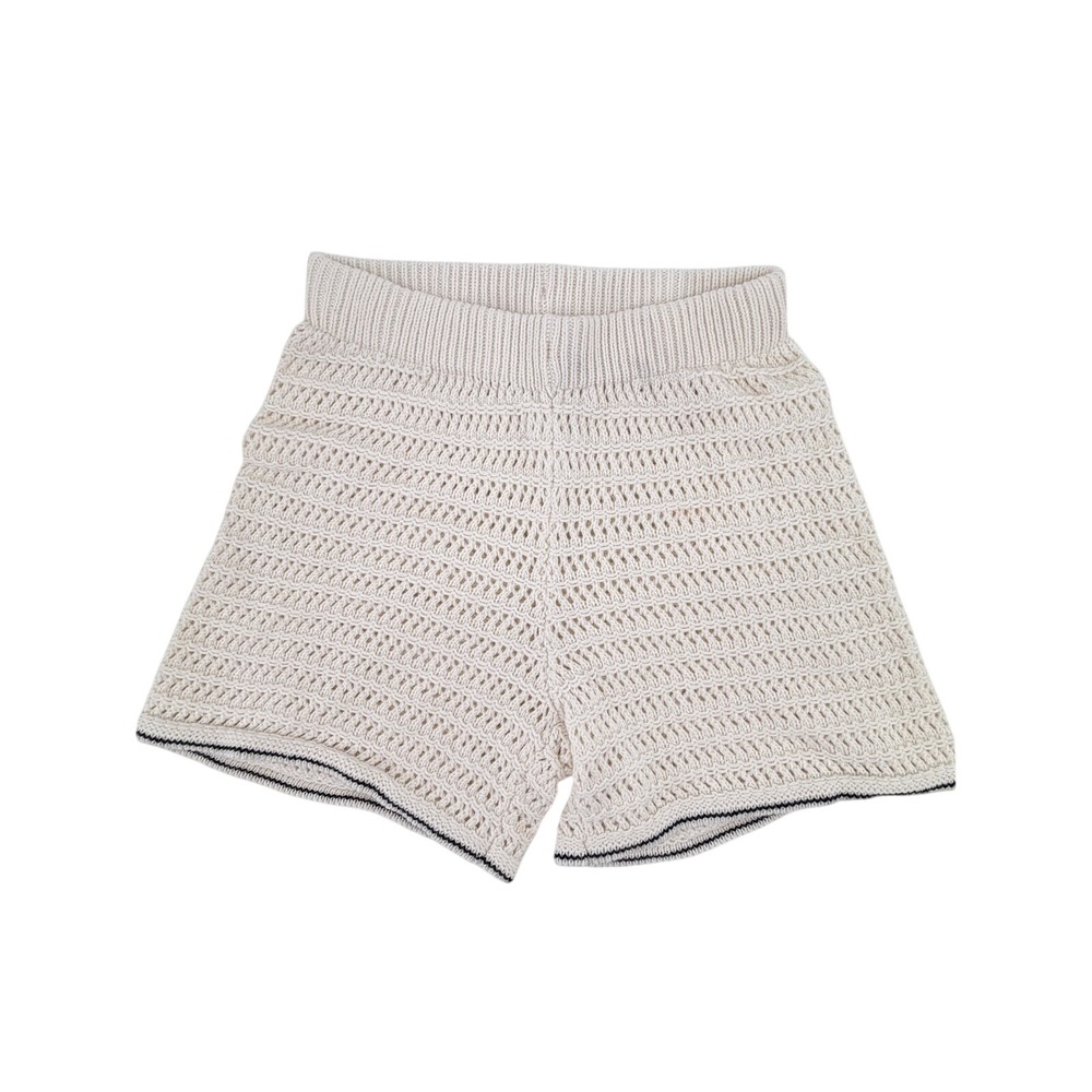 Boho Cream Cottagecore Crochet Knit Pointelle Shorts XXS Off White Stripe Trim